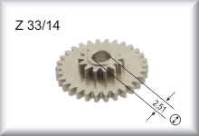 Double gear wheel, module 0.4, number of teeth 33/14, price per piece.