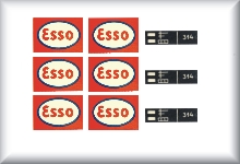 Esso (Recheckig) Decals inkl. Decals für Schriftfeldtafel, wie auf der Abbildung. Preis pro Satz.